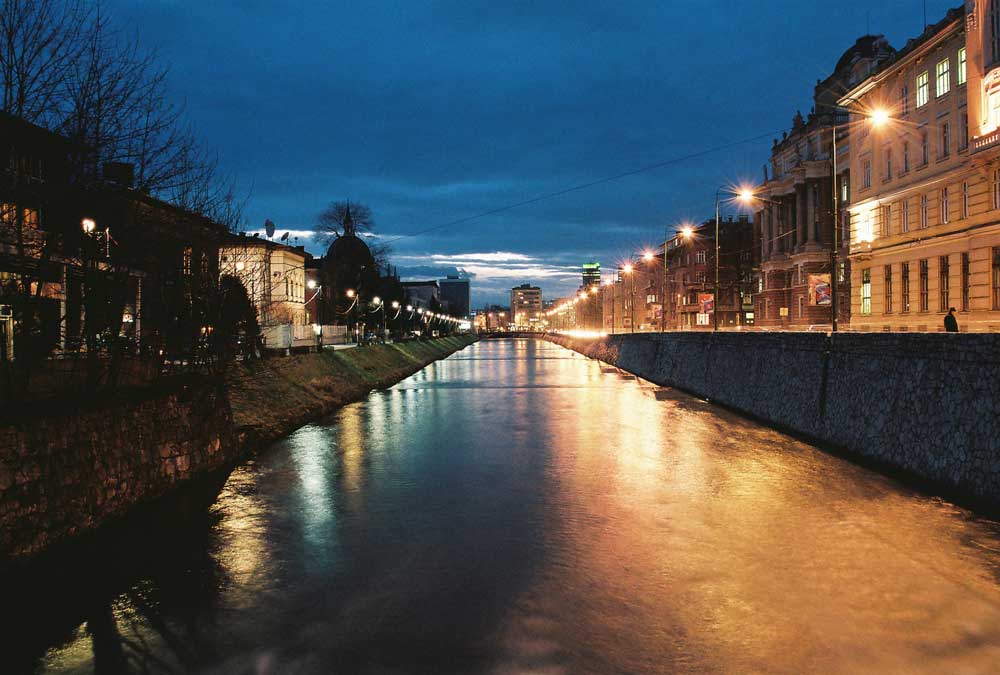 River Miljacka at night, Sarajevo